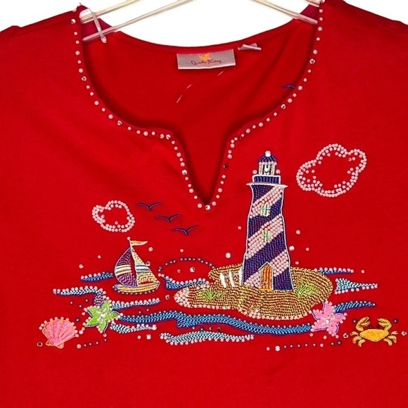 Quacker Factory Red Sequined Beaded Lighthouse Sailboat 3/4 Sleeve Cotton Top 1X - Picture 4 of 12